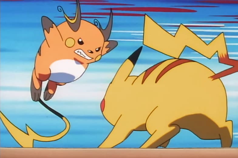 Pikachu luchando contra Raichu en el anime Pokémon