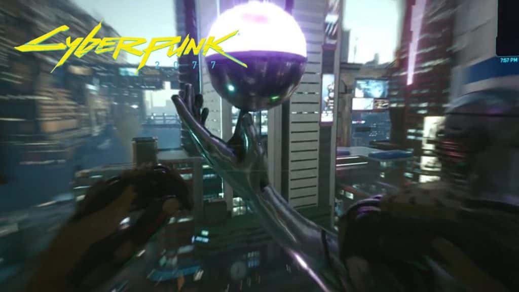 Personaje de Cyberpunk 2077 volando