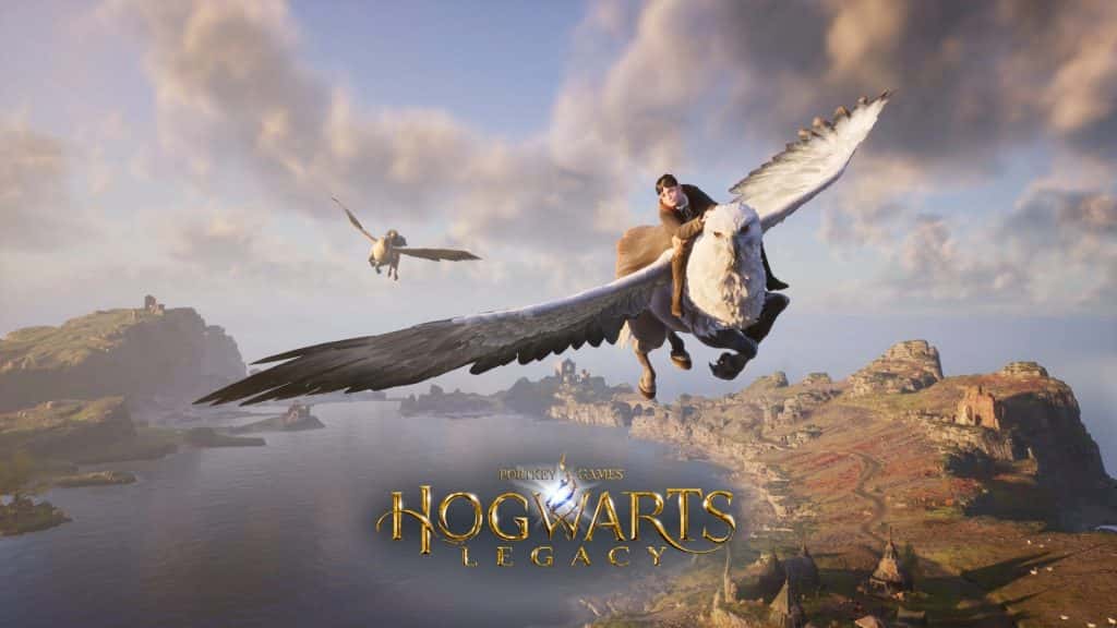 personaje volando en un hipogrifo en Hogwarts Legacy