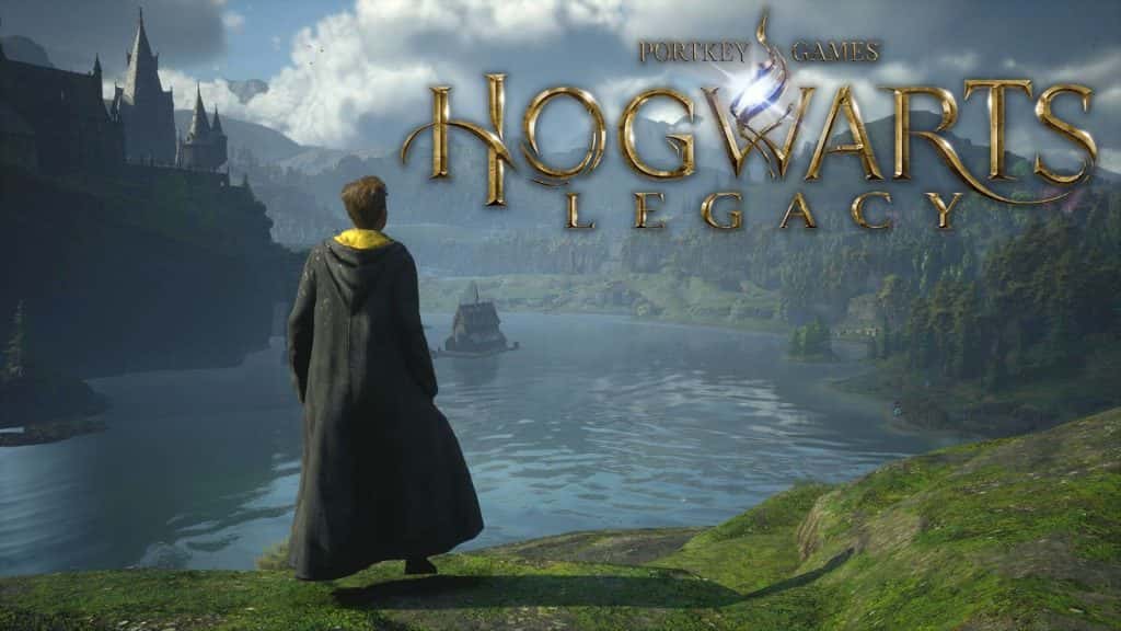 Personaje de Hogwarts legacy con el logo del juego
