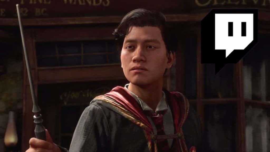 personaje de Hogwarts Legacy con una varita y el logo de twitch