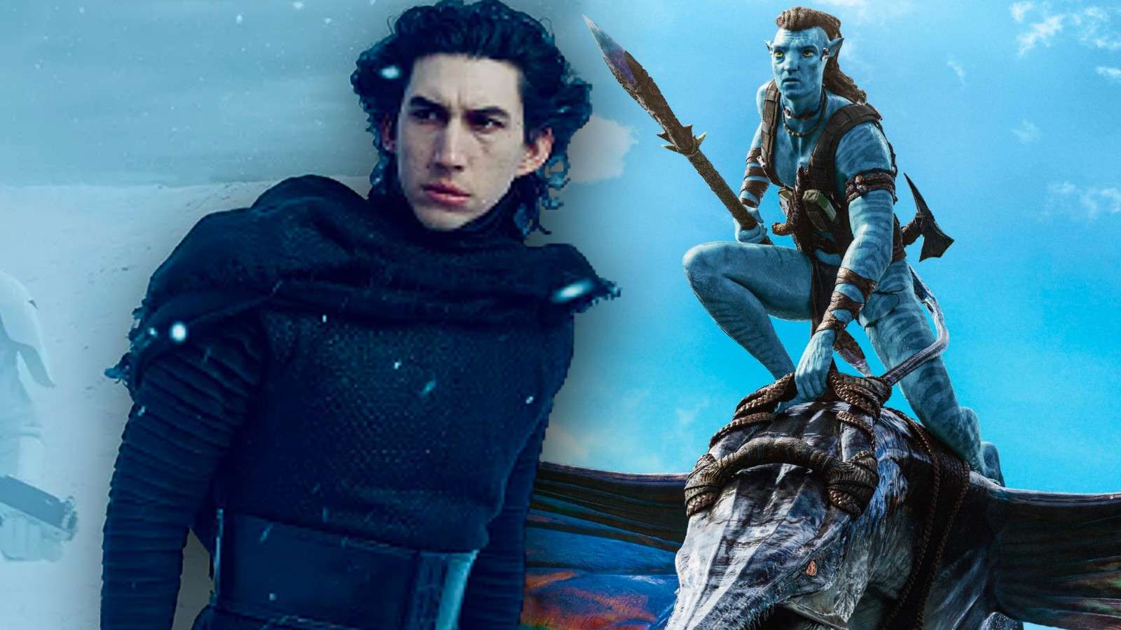 Kylo Ren in Star Wars: The Force Awakens and a poster for Avatar: The Way of Water dos de las películas más caras