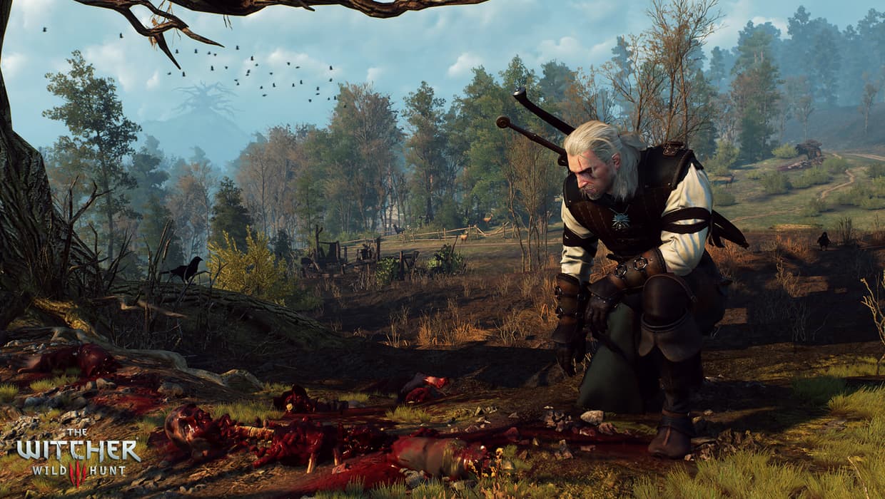 Geralt arrodillado ante la mancha de sangre en witcher 3