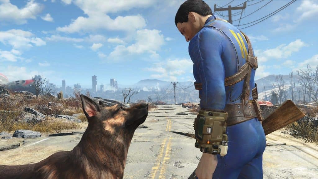 Personaje y su perro en Fallout 4