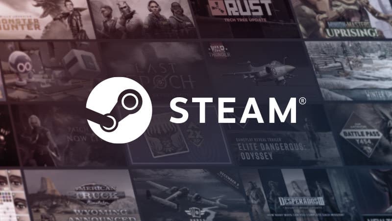 Logo de Steam con varios juegos de fondo