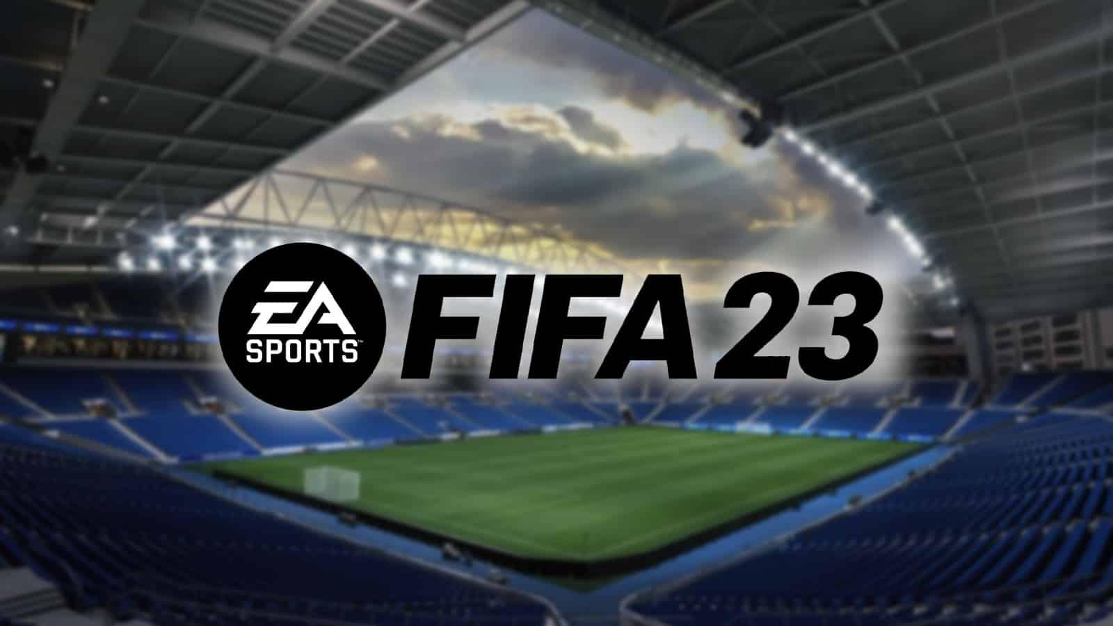 Logo de FIFA 23 con un estadio al fondo