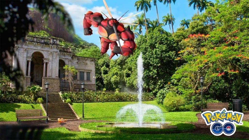 Buzzwole sobrevolando una fuente en Pokémon Go