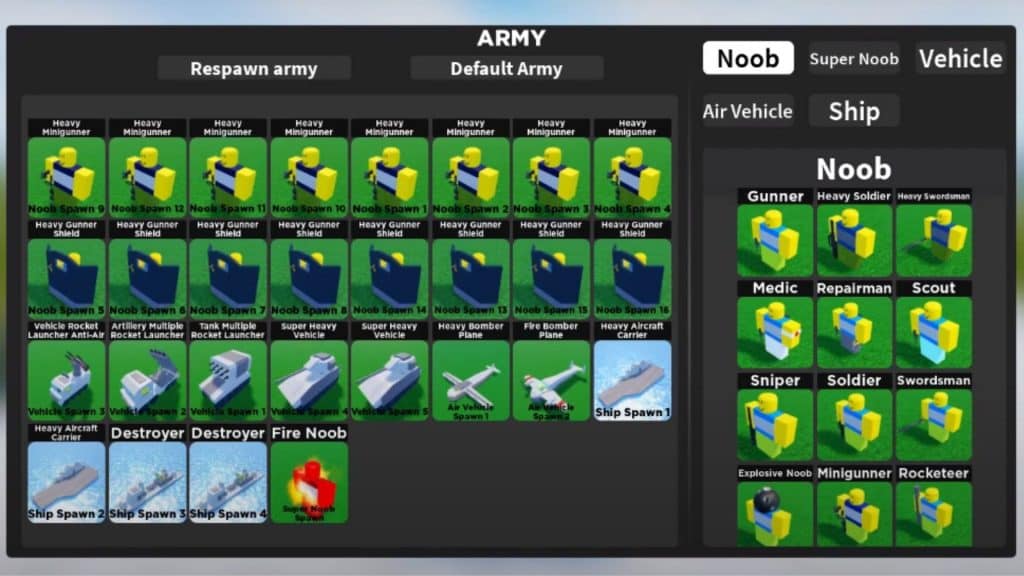 opciones de noob army tycoon roblox