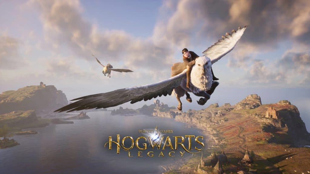 personaje volando en un hipogrifo en Hogwarts Legacy