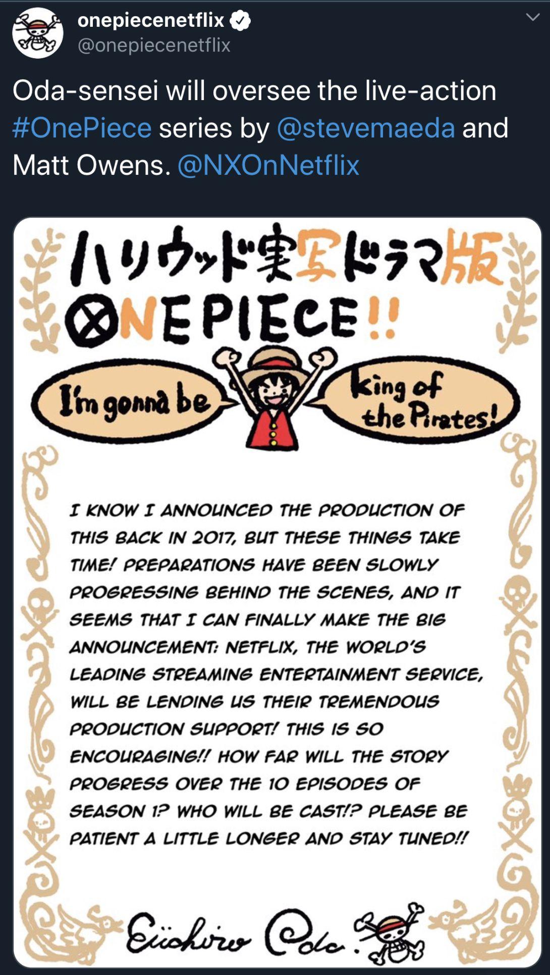 Comunicado de Eiichiro Oda sobra la serie de one Piece