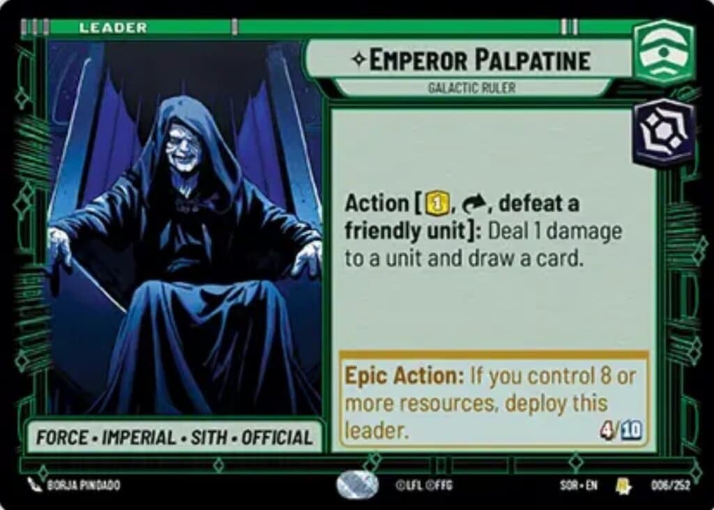 Carta de Líder Emperador Palpatine en Star Wars Unlimited.